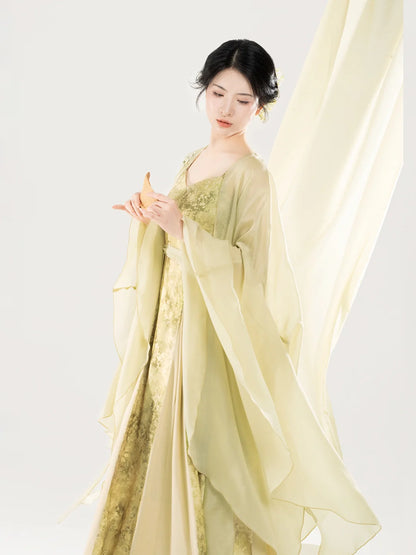 New Chinese Style Women Gradient Embroidered Wide-Sleeve Cape & Pleated Slip Dress - Camellia Water 山茶煮水 (Preorder)