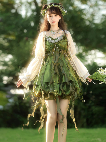 New Chinese Style Forest Green Slip Dress and Cardigan for Summer - Wizard of Oz 绿野仙踪