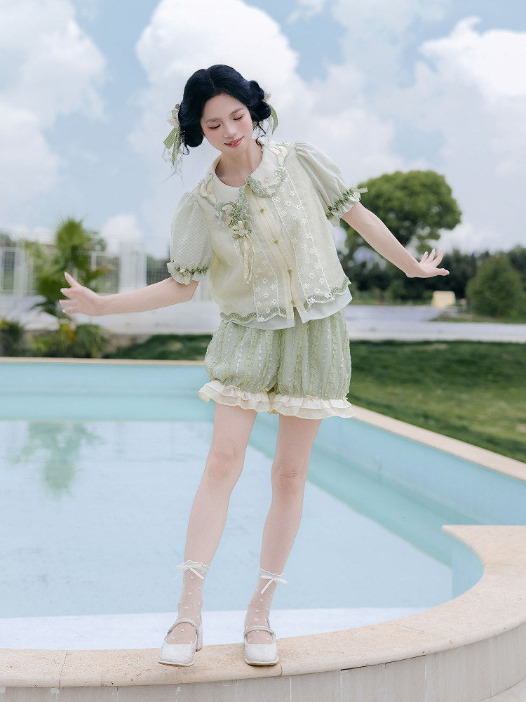 New Chinese Style Summer Short Sleeve Shirt and Bloomers - Meilong Jasmine 玫珑茉莉