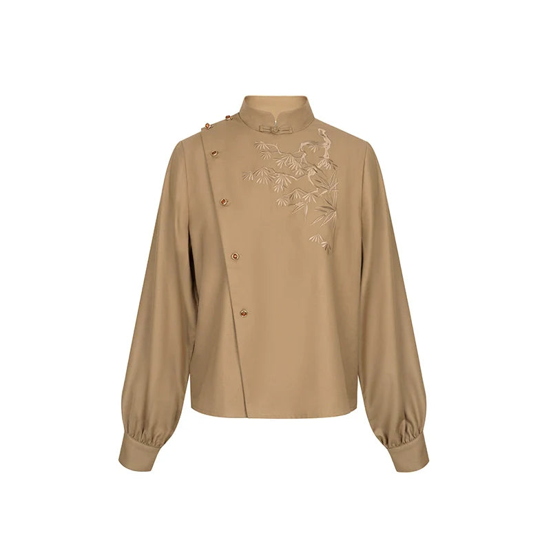 New Chinese Style Women Long Sleeve Top, Skirt & Long Coat Modern Hanfu Set - Brown Pine 泠竹褐松 (Preorder)