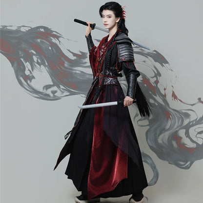 Burning Night 焚夜 - Red and Black Cross-Collar Hanfu Set, Wuxia Style Warrior Robe with Literary & Martial Sleeves (Preorder)