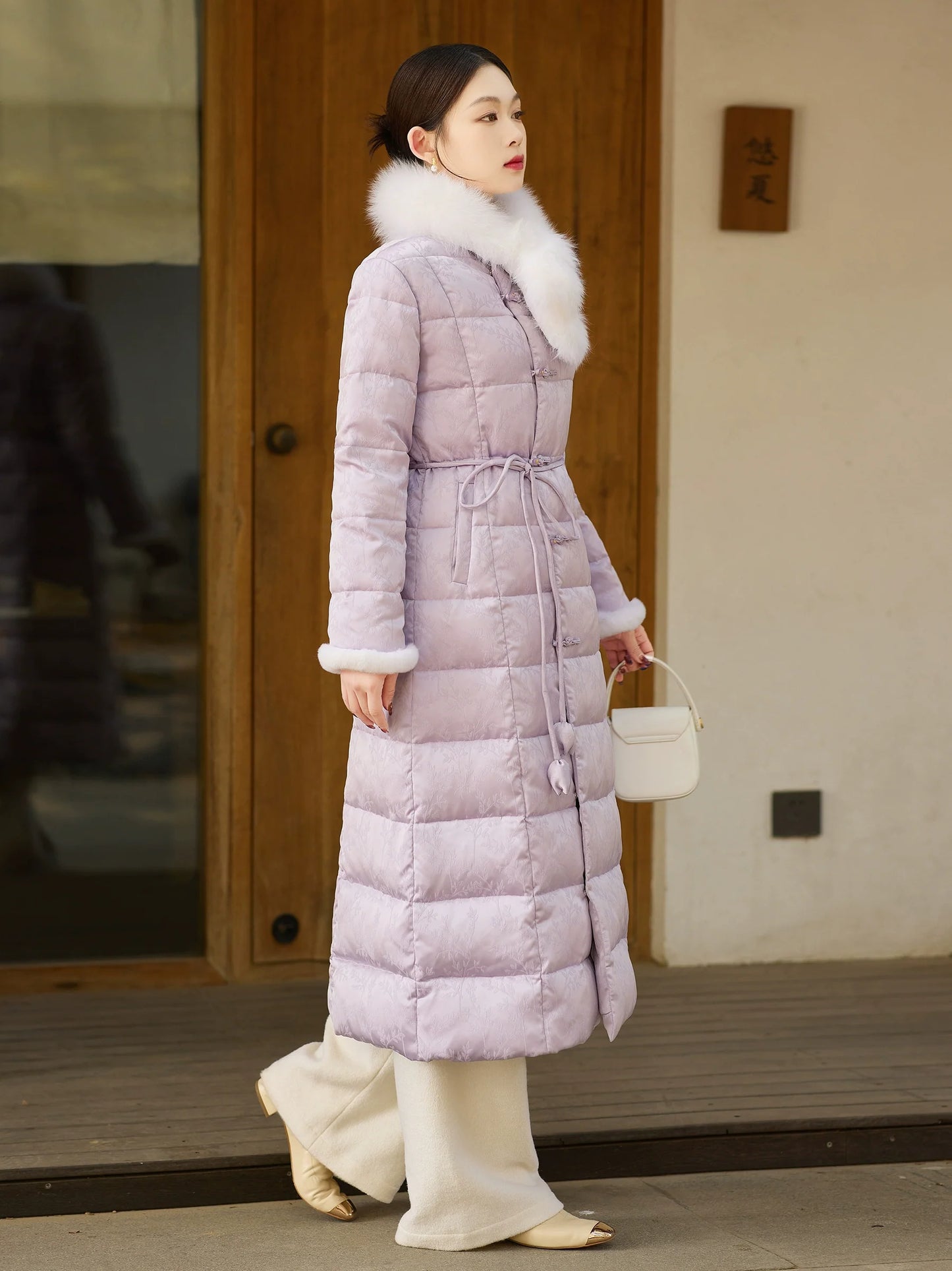 Pavilion Ink 兰亭墨 - Lilac Down Coat for Women with Frog Buttons, Qipao-Inspired Winter Outerwear
