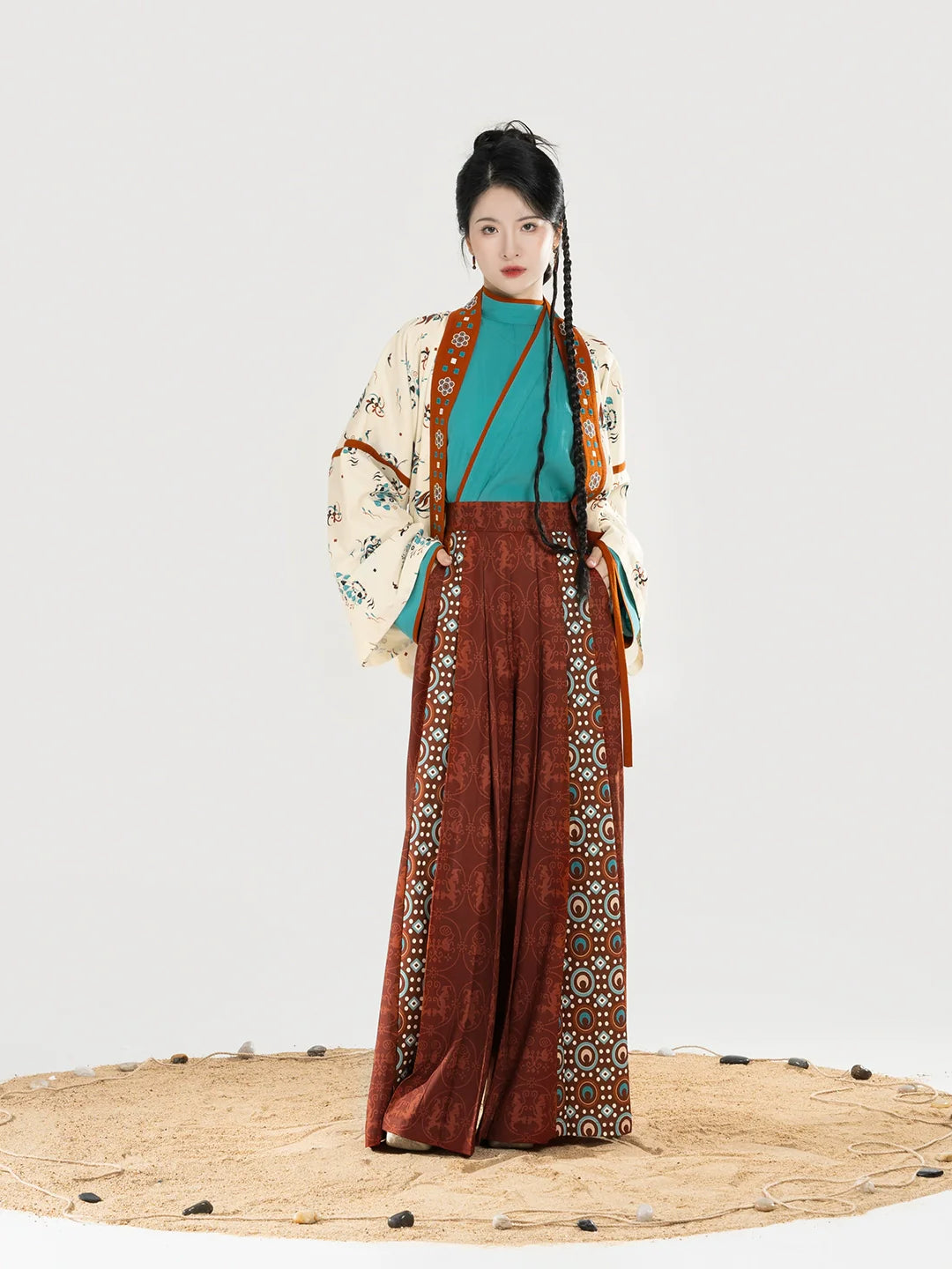 Jin Dynasty Dunhuang Style Women Hanfu Cross Collar Top, Curved Collar Top & Wide Leg Pants - Wall View 壁相观 (Preorder)