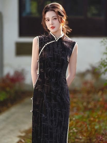 Sleeveless High Slit Long Qipao | Night Garden