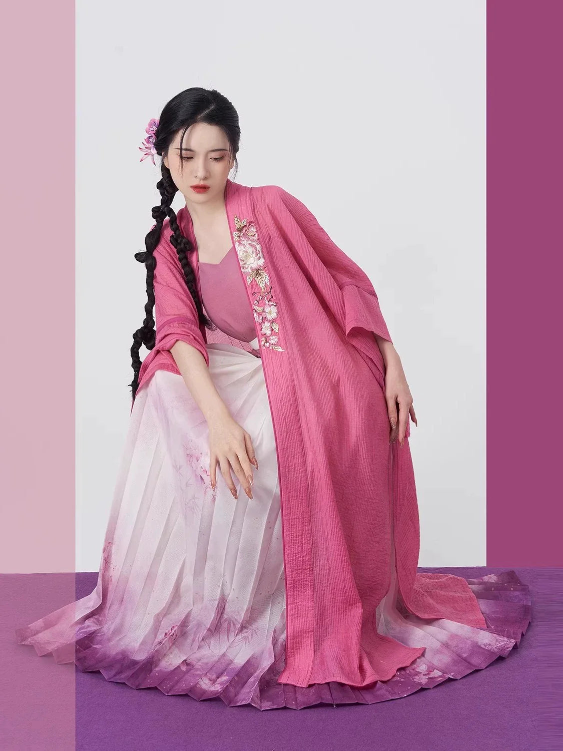 Song Dynasty Modern Hanfu Set with Changgan Temple Beizi and Wrap Skirt - Pink Carved Jade 粉雕玉琢 (Preorder)