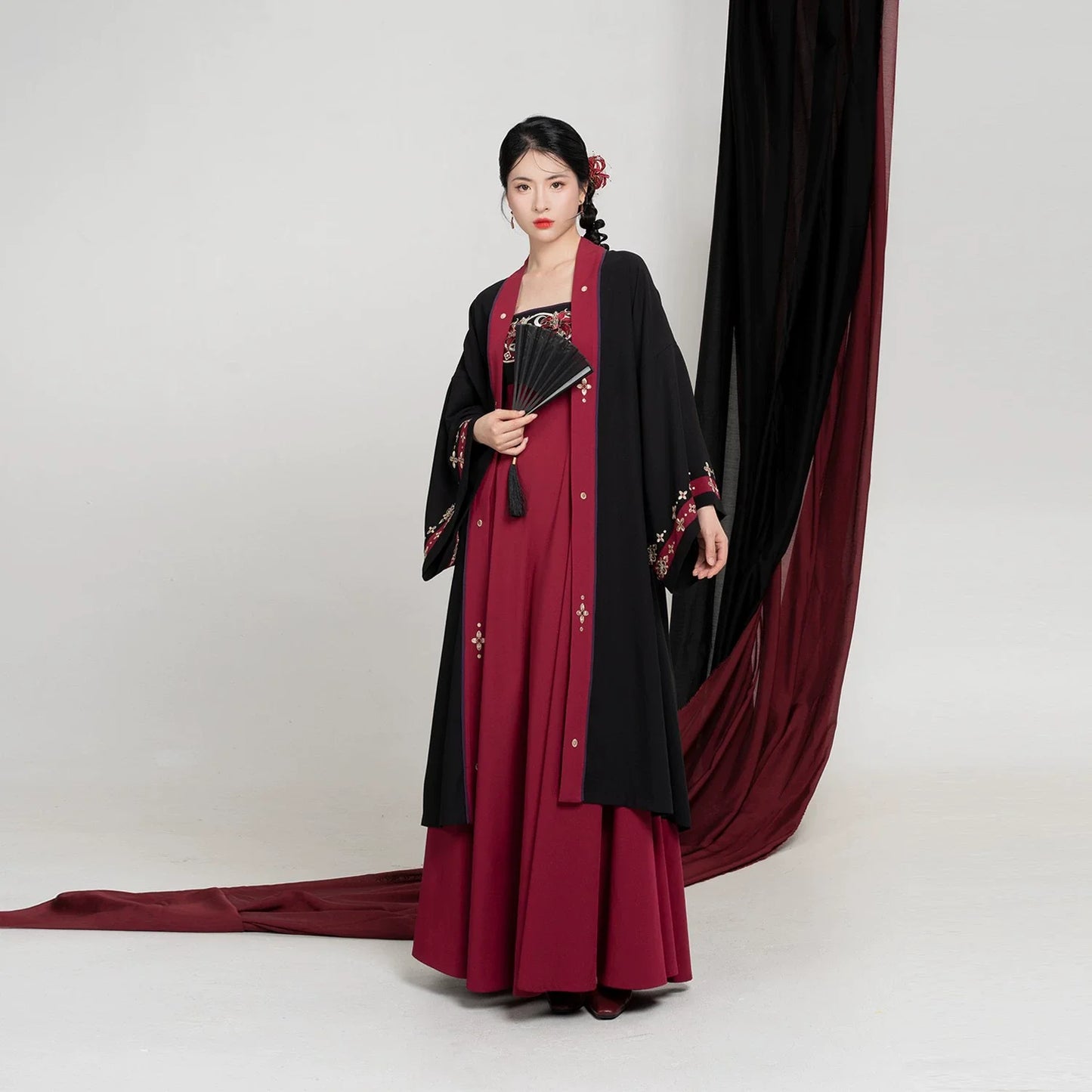 Tang Dynasty Modern Hanfu Set Changgan Temple Beizi and Slip Dress - Crimson Scarlet 绛百合 (Preorder)