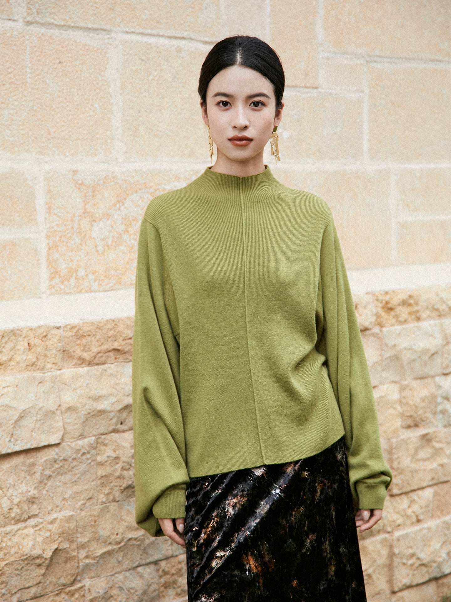 New Chinese Style Cashmere Blend Pipa Sleeve Knitted Sweater - Cangtai 苍苔