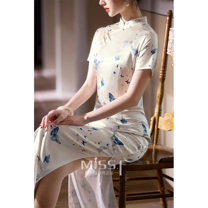 Short Sleeve Butterfly Long Cheongsam | Late Dream
