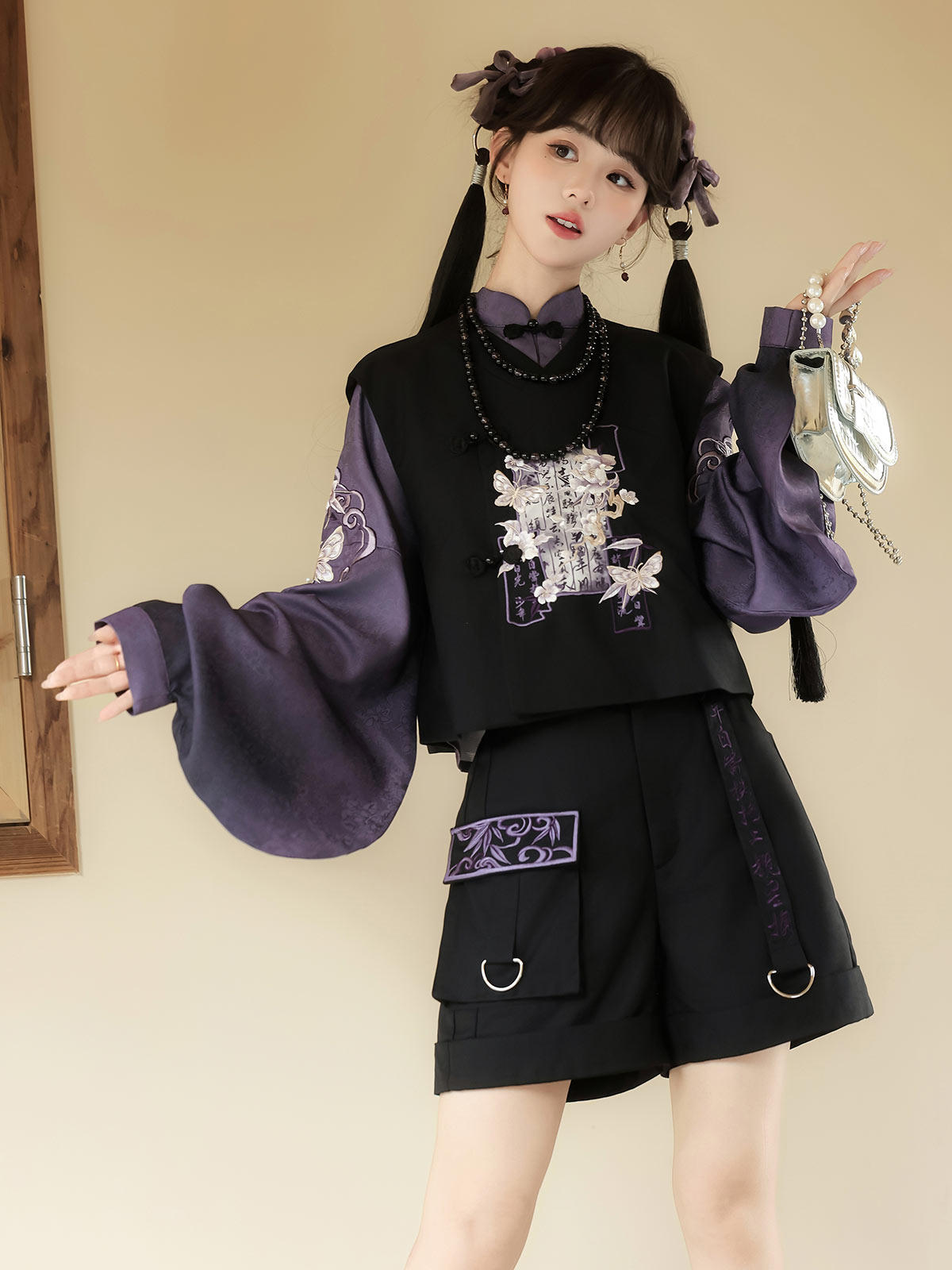 New Chinese Style Pipa Sleeve Top and Shorts - Yanmoyin 砚墨引