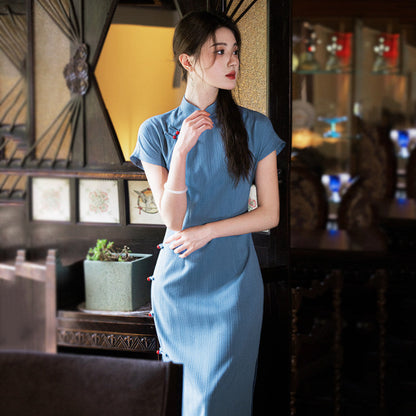 Short Sleeve Long Cheongsam | Peacock Blue