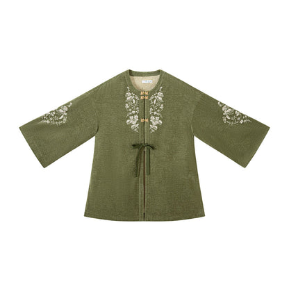 New Chinese Style Mid Length Jacket with Faux Fox Fur Collar - Matsuba Tea 松间茶 (Preorder)