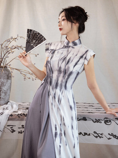 New Chinese Style Sleeveless Tie Dye Cheongsam Dress in Grey - Misty Clouds 云烟 (Preorder)