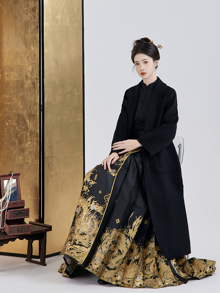 Ming Dynasty Modern Long Sleeve Top and Mamianqun - Midnight Longyin 龙吟夜
