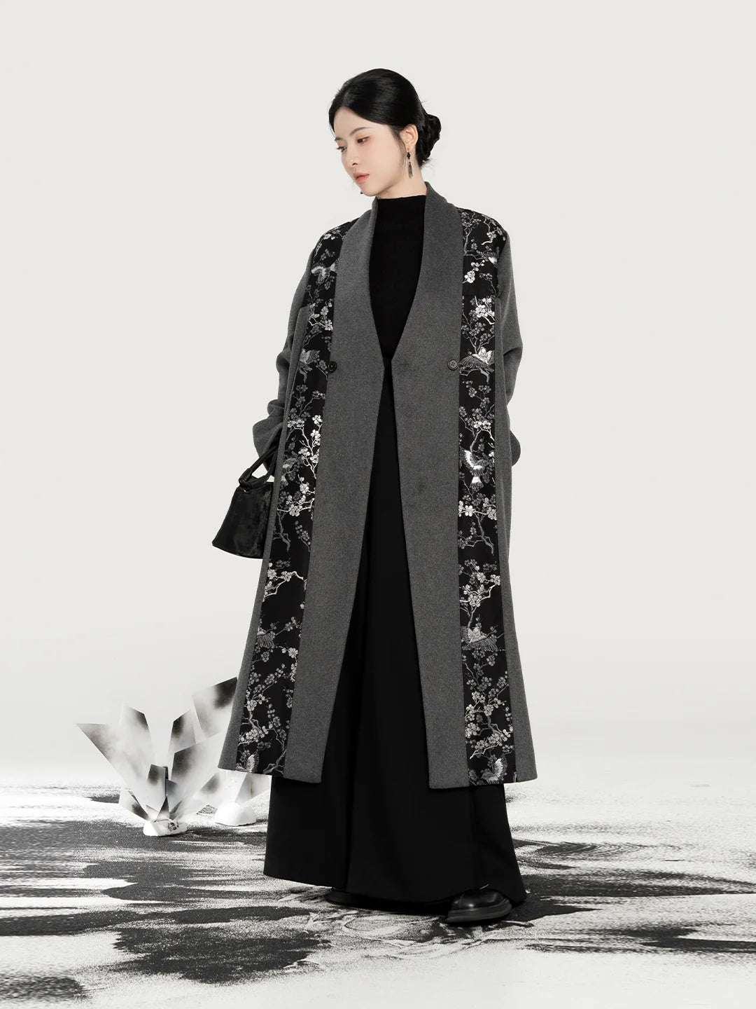 New Chinese Style Wool Coat Magpie & Plum Blossom Silver Woven Overcoat - Hanzhi 寒至 (Preorder)