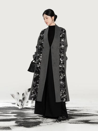New Chinese Style Wool Coat Magpie & Plum Blossom Silver Woven Overcoat - Hanzhi 寒至 (Preorder)
