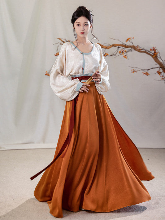 Tang Dynasty Modern Hanfu Round Collar Top and Pleated Wrap Skirt - Crimson Banquet 惊鸿宴 (Preorder)