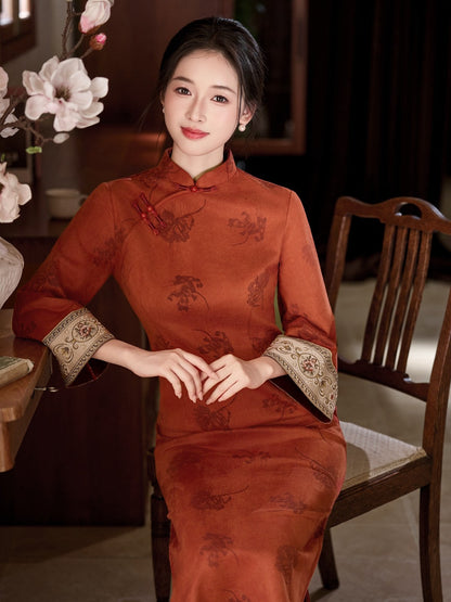 Patterned Long Sleeve Crimson Cheongsam | Vermilion Bird