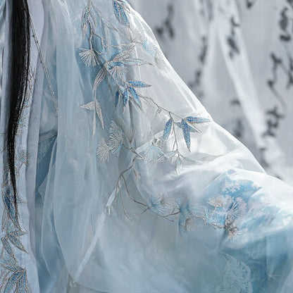 Winters Noble Trio 岁寒三友 - Blue Flowing-Sleeve Cross-Collar Hanfu for Men (Preorder)