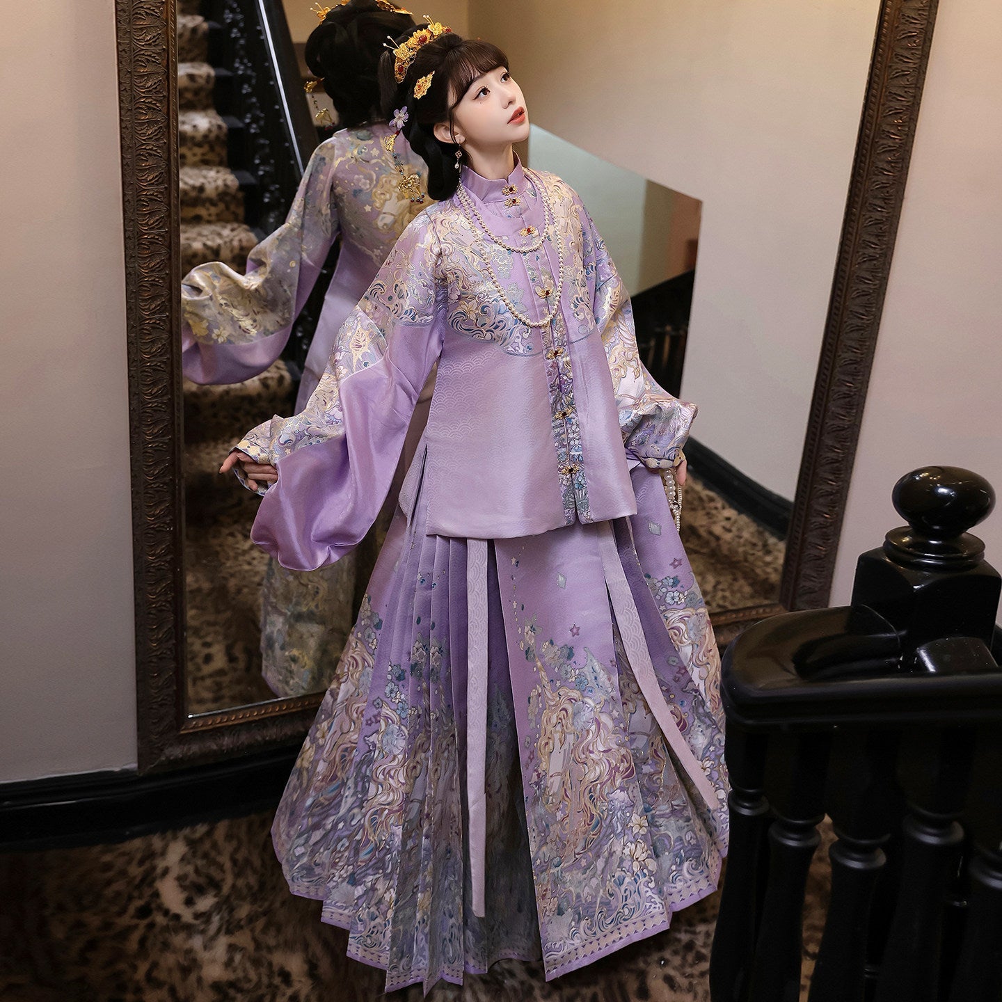 Ming Dynasty Pastel Violet Mint Green Pipa Sleeve Top & Mamian Skirt | Menghuan 梦幻