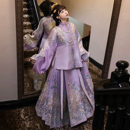 Ming Dynasty Pastel Violet Mint Green Pipa Sleeve Top & Mamian Skirt | Menghuan 梦幻