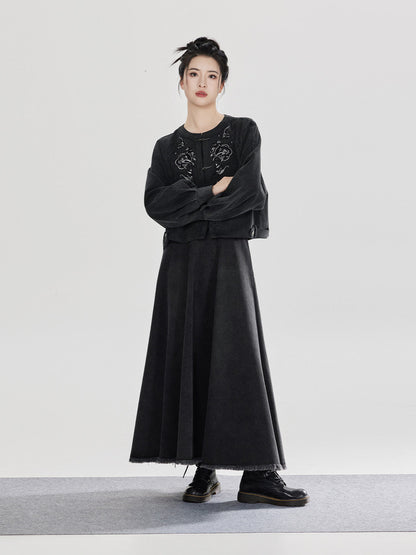 Yan Gui | New Chinese Style Retro Washed Denim Jacket and Skirt Set