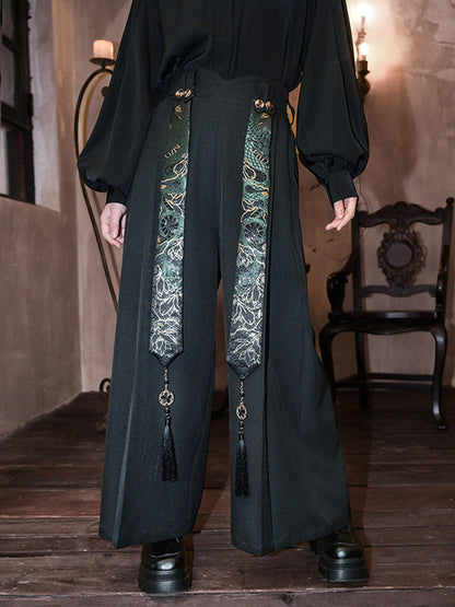 New Chinese Style Gold Snake Pattern Wide Leg Pants - Shengqing 升卿