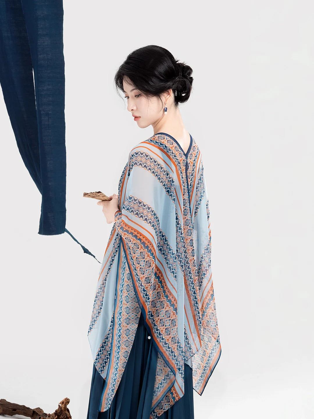New Chinese Style Women Dong Ethnic Bird-Motif Light Blue Shawl & Pleated Slip Dress - To The Clouds 赴云端 (Preorder)