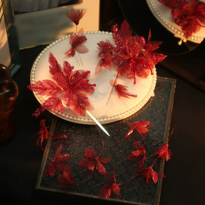 Fire Blossom - Red Floral Bridal Hair Accessories New Chinese Style Long Hairpins for Wedding and Banquet Cheongsam Dress