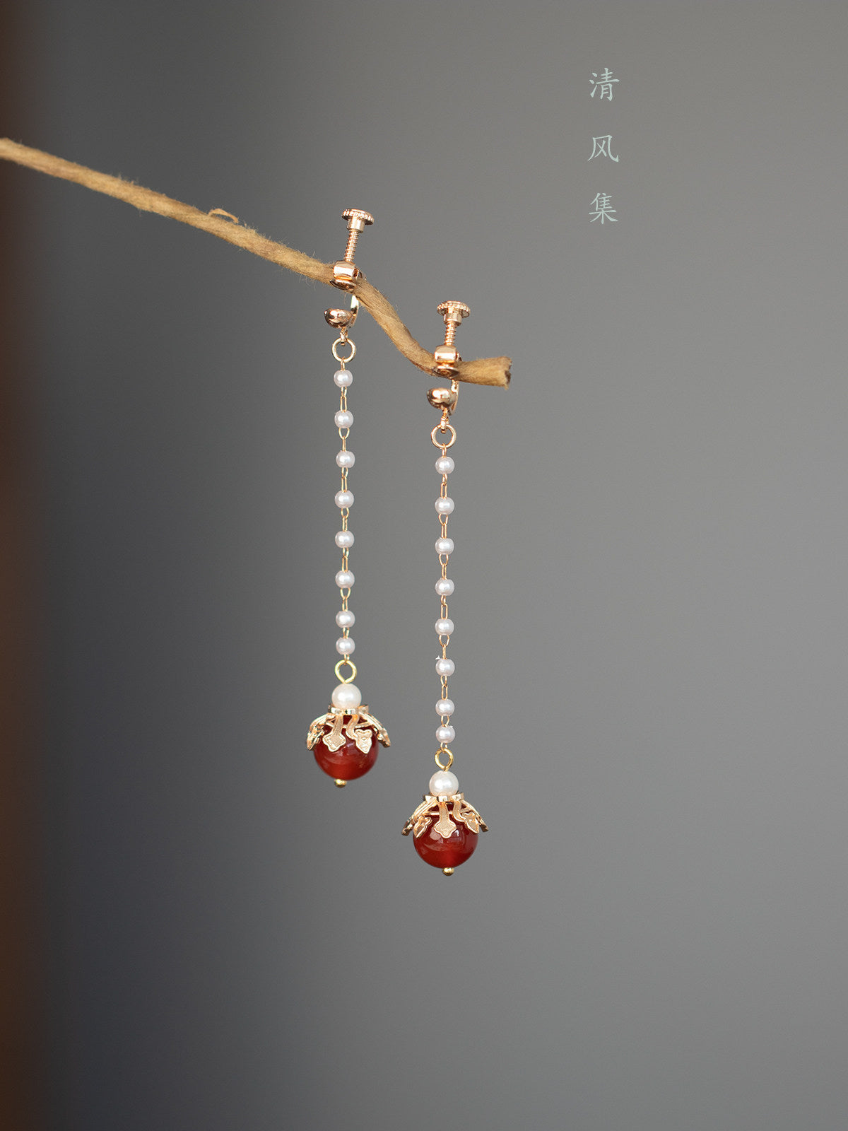 Red Agate Ancient Motif Earrings | Hanfu Jewelry