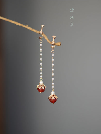 Red Agate Ancient Motif Earrings | Hanfu Jewelry