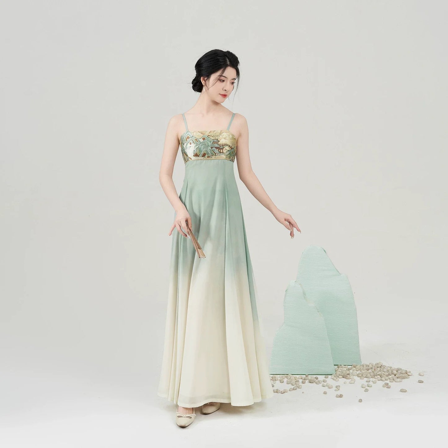 Modern Tang Dynasty Hanfu Slip Dress Set - Tranquil Mountain Path 青山行 (Preorder)