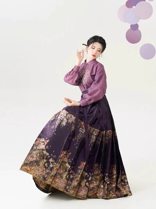 Plum Wine Chinese Blouse & Mamian Skirt Outfit - modern Ming-inspired hanfu, front view