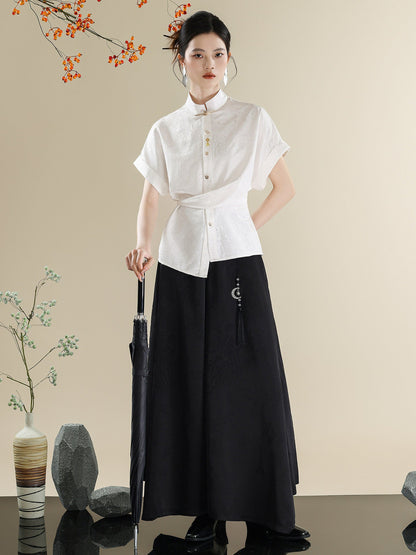 New Chinese Style Mandarin Collar Shirt & Wide-Leg Trousers Three-Piece Set