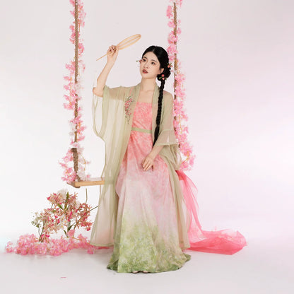 Song Dynasty Modern Hanfu Set with Changgan Temple Beizi and Mamian Slip Dress - Peach Willow Branch 桃柳枝 (Preorder)