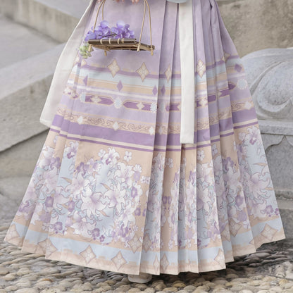 Ming Dynasty Embroidered Cross Collar Jacket & Printed Mamian Skirt | Purple Softness 紫暖暖