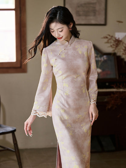 Long Sleeve Lace Trim Long Cheongsam | Clear Tea