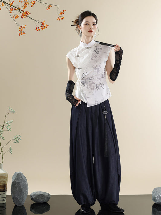 New Chinese Style Asymmetric Mandarin Collar Top & Denim Saber Pants Set