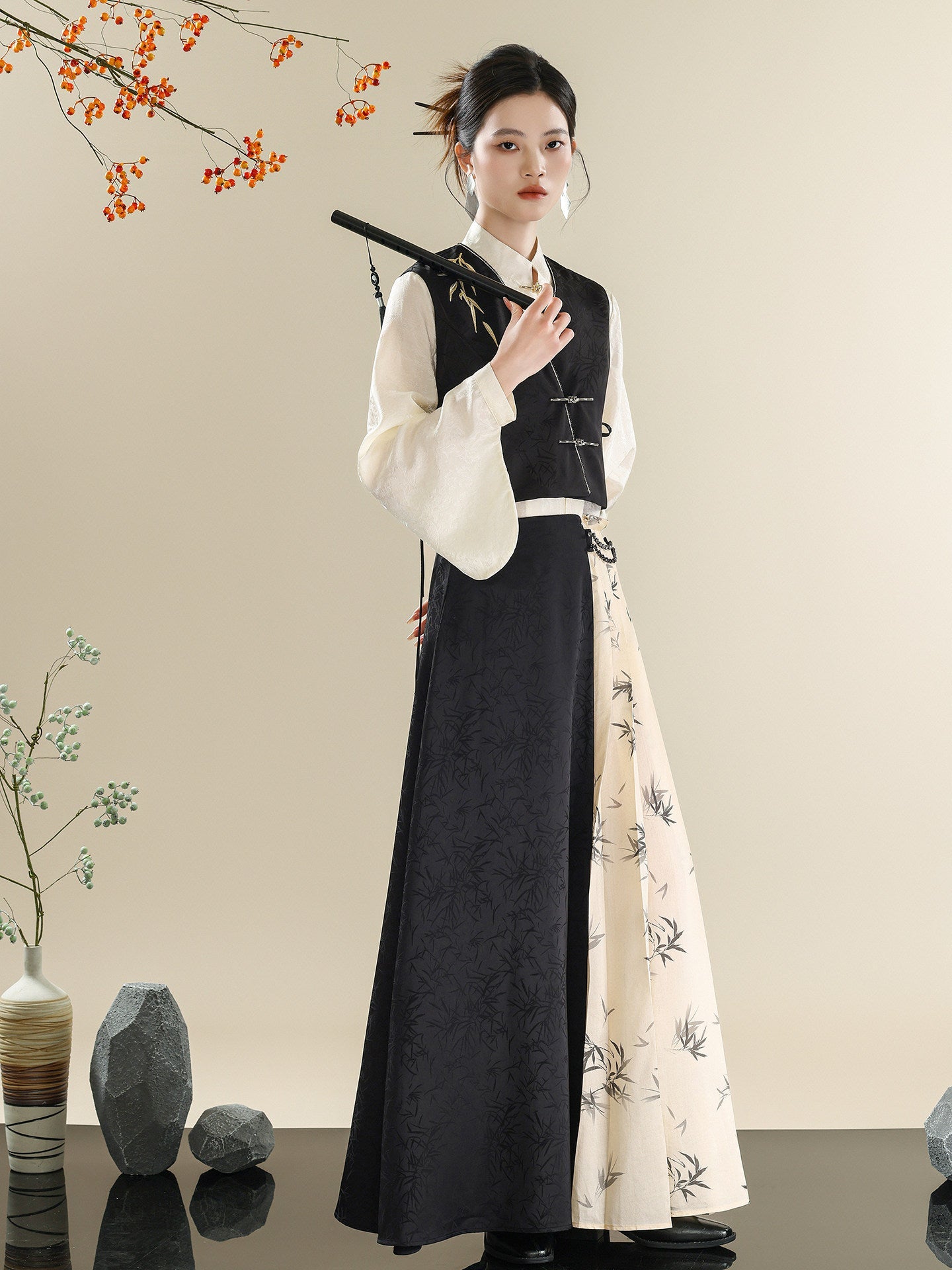 Ink Bamboo Embroidered New Chinese Style Vest & Contrast Long Skirt Set