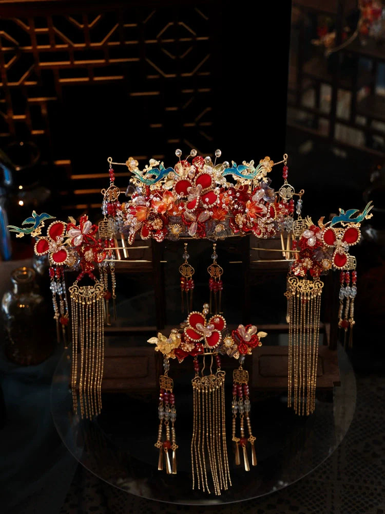 Twilight Azure - Red and Blue Phoenix Crown Bridal Headpiece Handmade Tassel Chinese Wedding Hair Accessories for Hanfu Bride