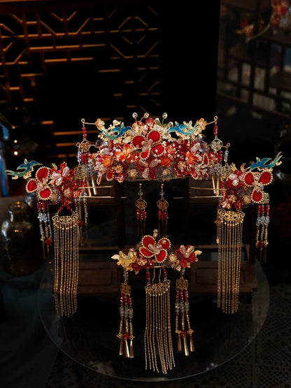 Twilight Azure - Red and Blue Phoenix Crown Bridal Headpiece Handmade Tassel Chinese Wedding Hair Accessories for Hanfu Bride