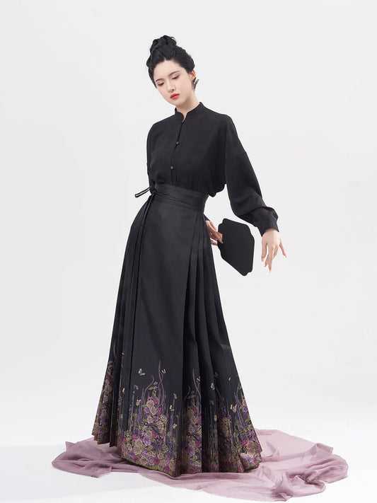 Huajian Chinese Blouse & Mamian Skirt Outfit - modern Ming-inspired hanfu, detail view