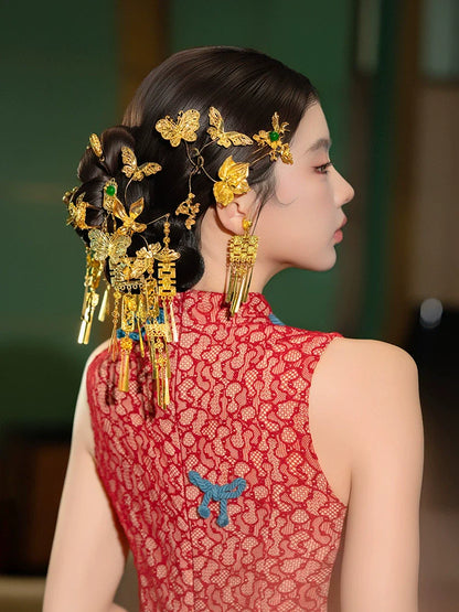 Double Happiness - Chinese Wedding Hair Accessory Set Golden Butterfly Tassel Hairpins for Xiuhe and Qipao Bride