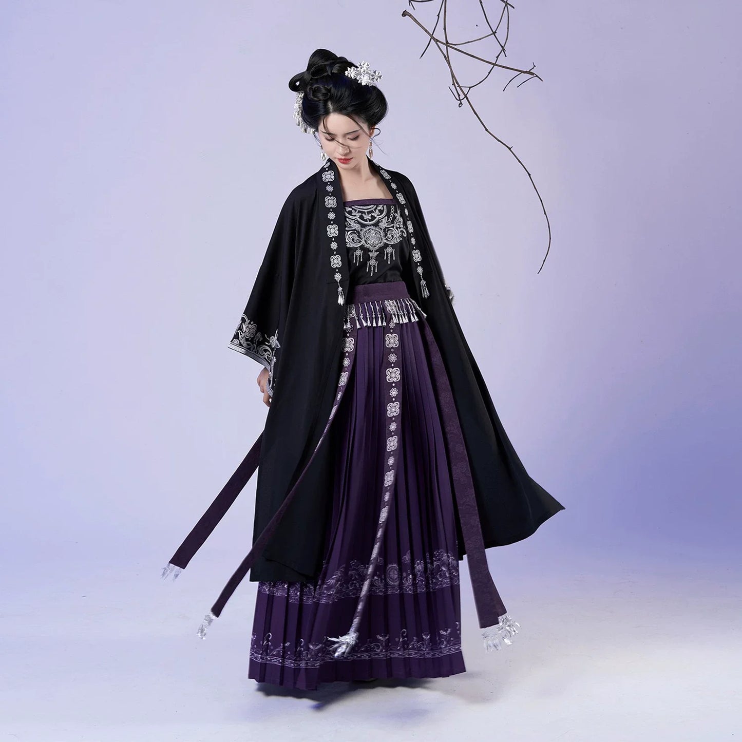 Miao Ethnic Inspired Hanfu Set with Embroidered Half-Sleeve Top & Pleated Bell Skirt - Yanyan Yinlin 晏晏银铃 (Preorder)