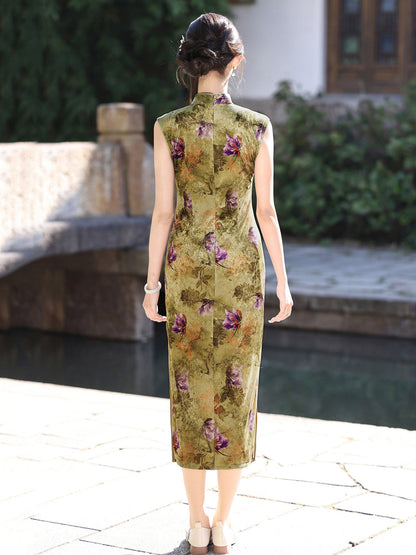 Sleeveless Floral Midi Cheongsam | Olive