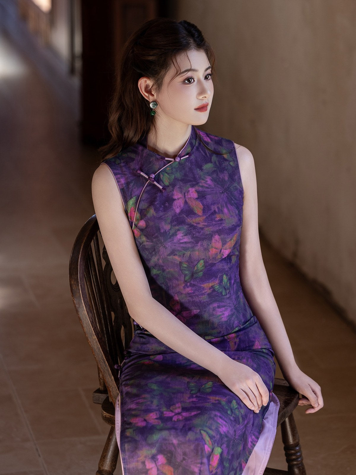Sleeveless Butterflies Printed Midi Cheongsam | Mystic