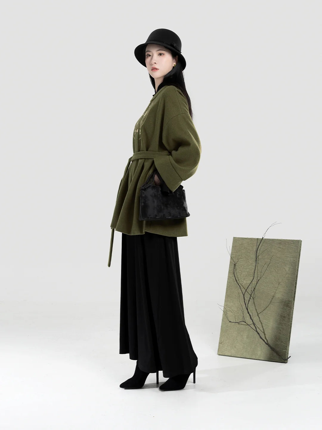 New Chinese Style Women A-Line Dress with Flared Sleeves - Moss Stone 苔石 (Preorder)