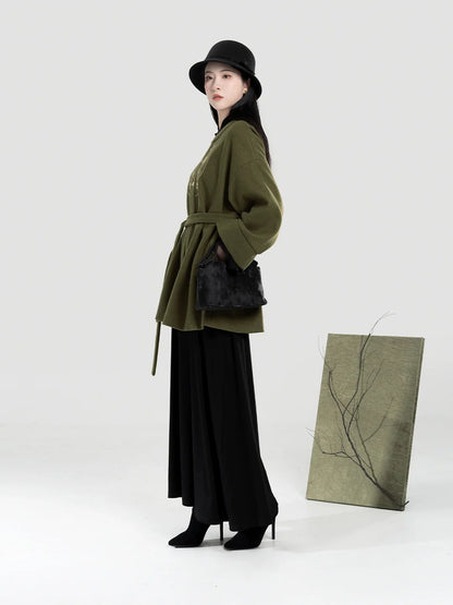 New Chinese Style Women A-Line Dress with Flared Sleeves - Moss Stone 苔石 (Preorder)