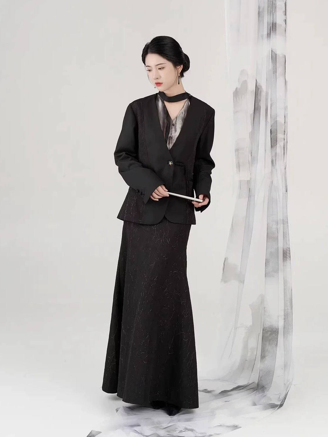 New Chinese Style Women Tailored Blazer Coat, Long Sleeve Shirt & Gold Button Mermaid Skirt - Jiangpu 江浦 (Preorder)