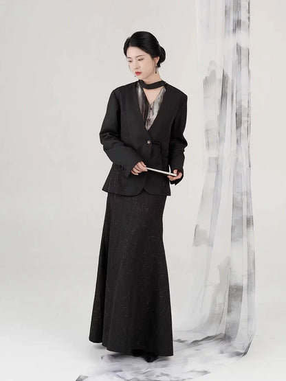 New Chinese Style Women Tailored Blazer Coat, Long Sleeve Shirt & Gold Button Mermaid Skirt - Jiangpu 江浦 (Preorder)