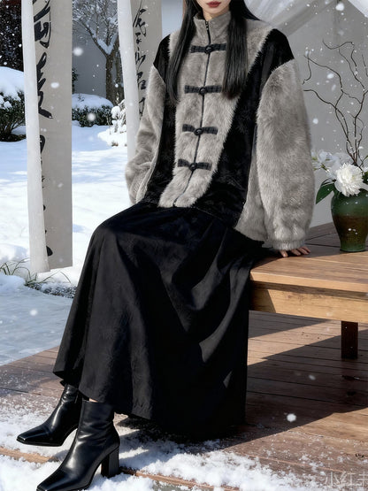 New Chinese Style Faux Rabbit Fur Jacket - Golden Bamboo Leaf 金竹叶 (Preorder)